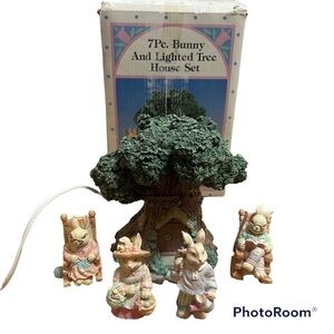 Vintage Lighted Tree House Set Bunny Rabbit Ceramic Figures Village Family 90s